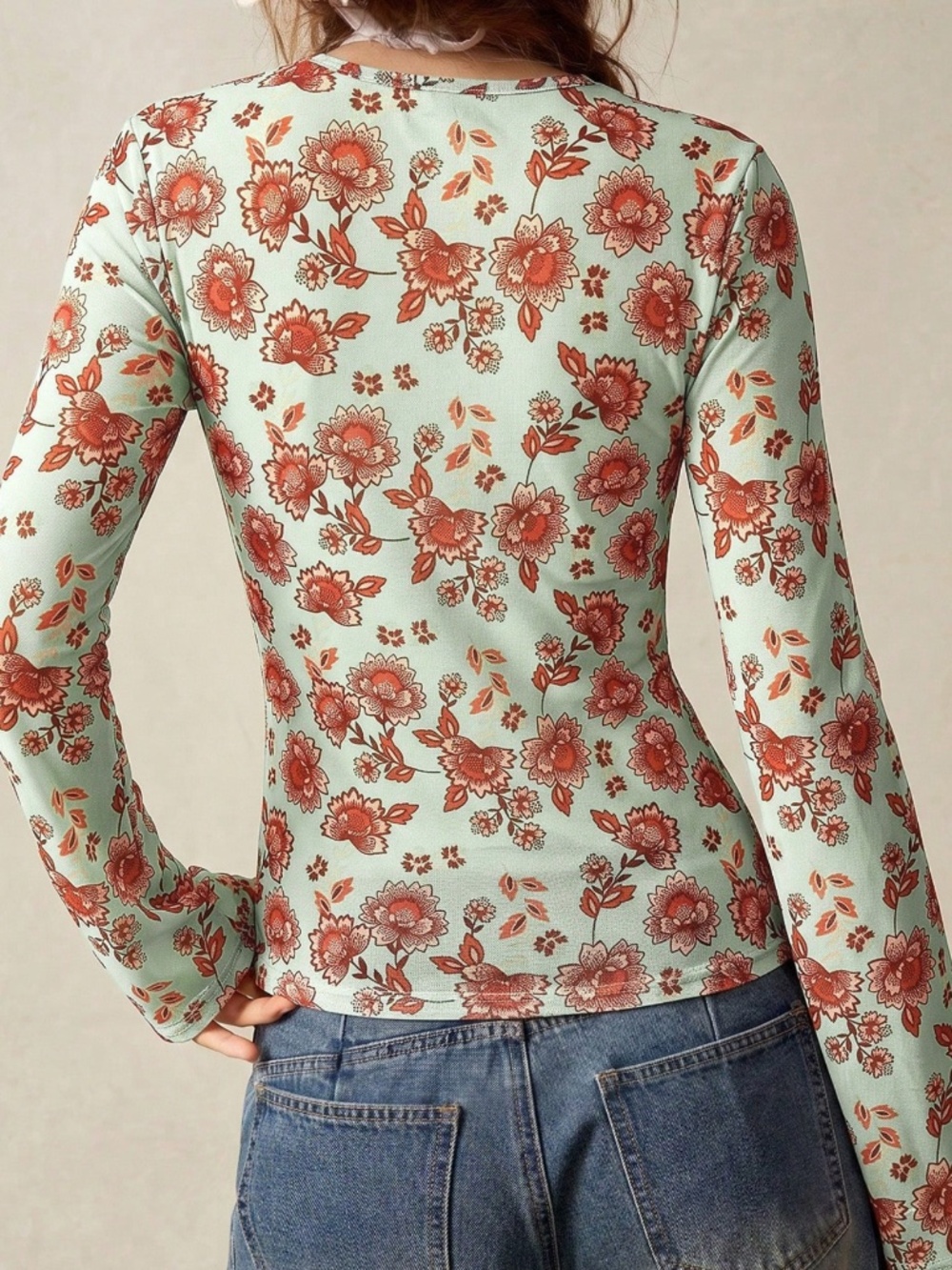 Boho Floral Print Button Down Slim fit Semi Sheer Long Sleeve Top - Picture 5 of 5